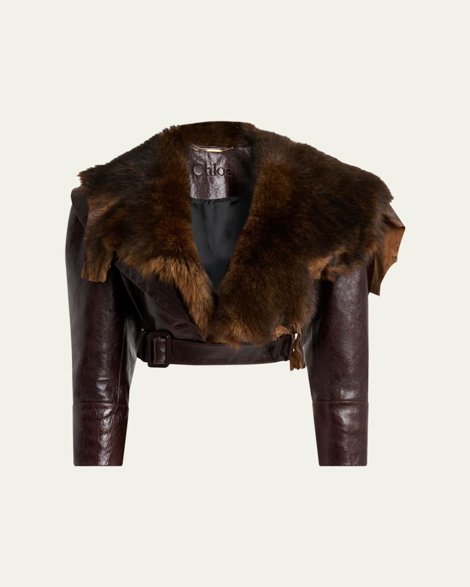 Shiny Leather Crop Moto Jacket With Removable Lamb Shearling Collar